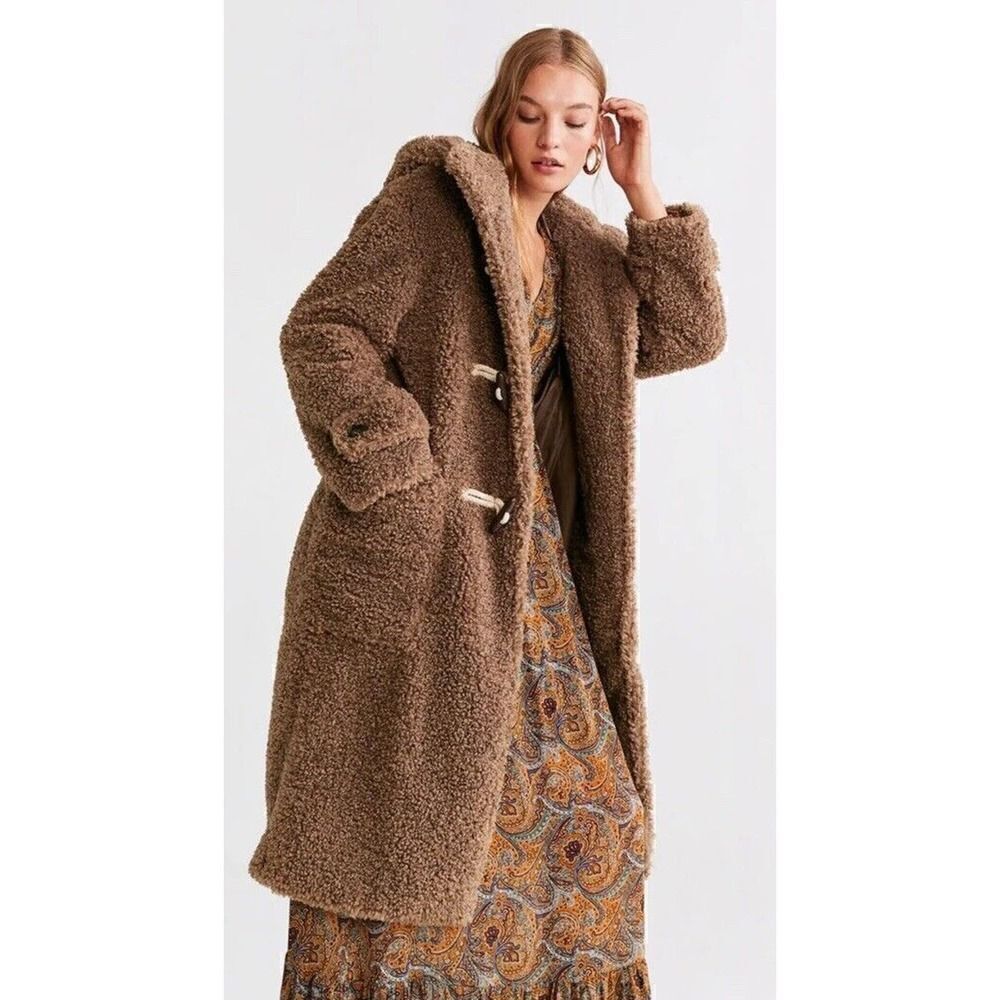 Mango Renne Brown Teddy Shearling Coat Hooded Coat toggle closure sz XS - Picture 14 of 14